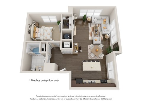 Floor plan for 1 bed, 1 bath, 875 sqft
